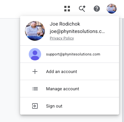 Google account menu open in the top-right corner, showing which account is signed in