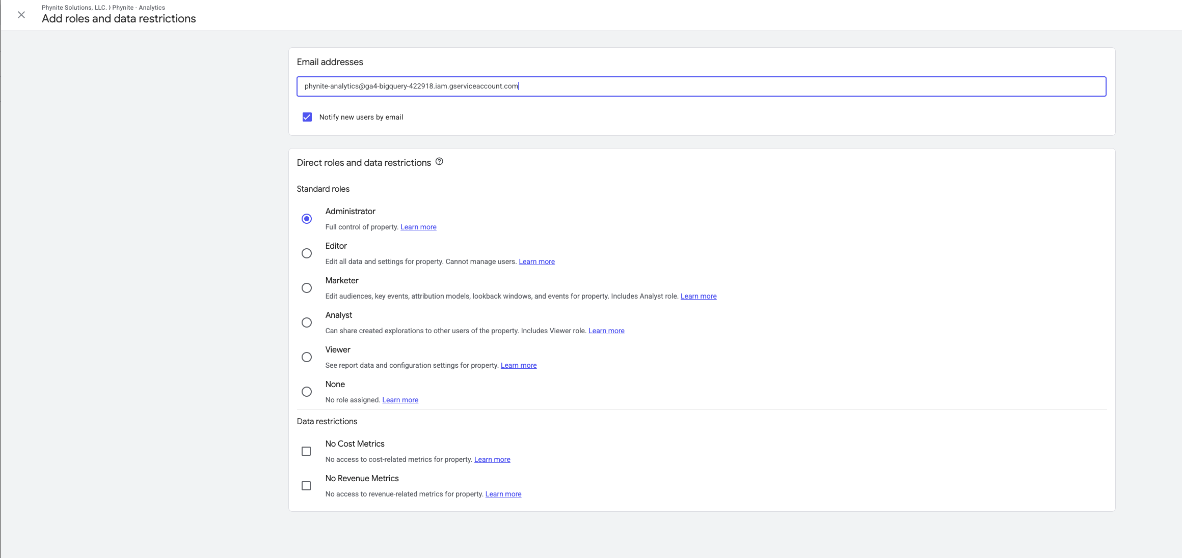 The Add roles dialog with the connection account pasted and Administrator selected