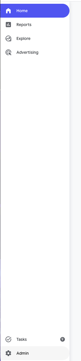 Google Analytics with the Admin gear highlighted in the bottom-left corner