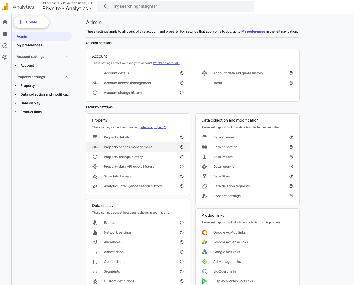 The Admin screen with Property access management highlighted in the Property column